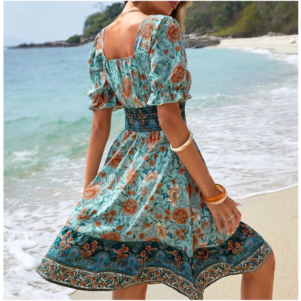 Boho Floral Print Puff Sleeve Mini Dress - Picture 5 of 5